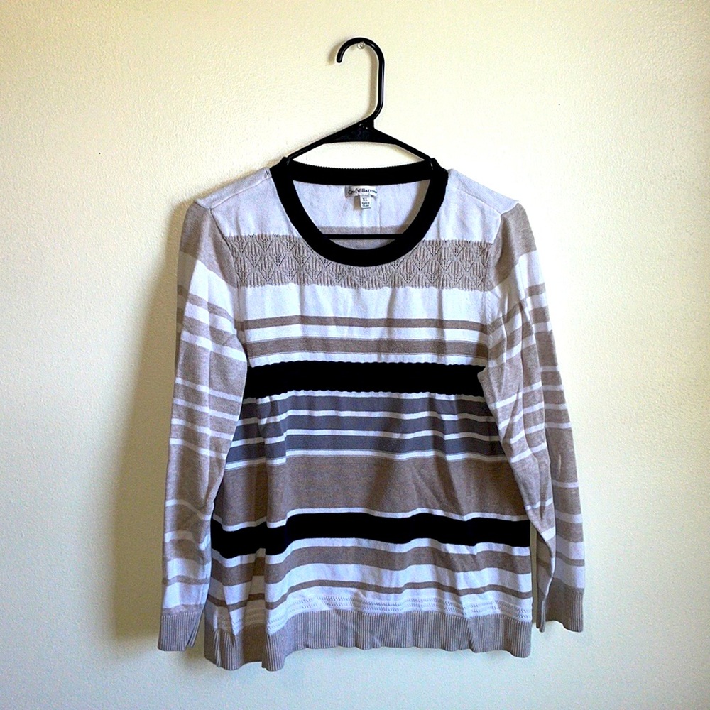 Croft & Borrow | Striped Knit Tan, Black and White Crew Neck Sweater